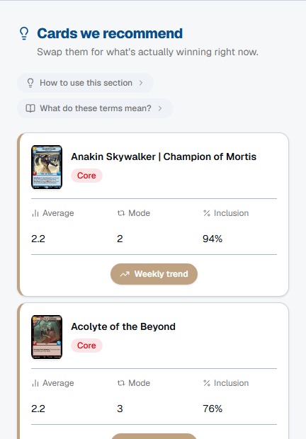 The Cards we recommend section, listing staples your deck is missing